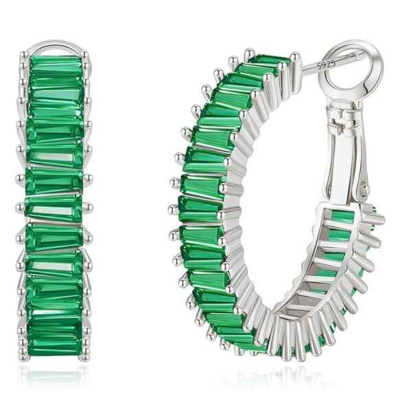 14K White Gold with Emerald Green Cubic Zirconia Drop Hoop Leverback Earrings